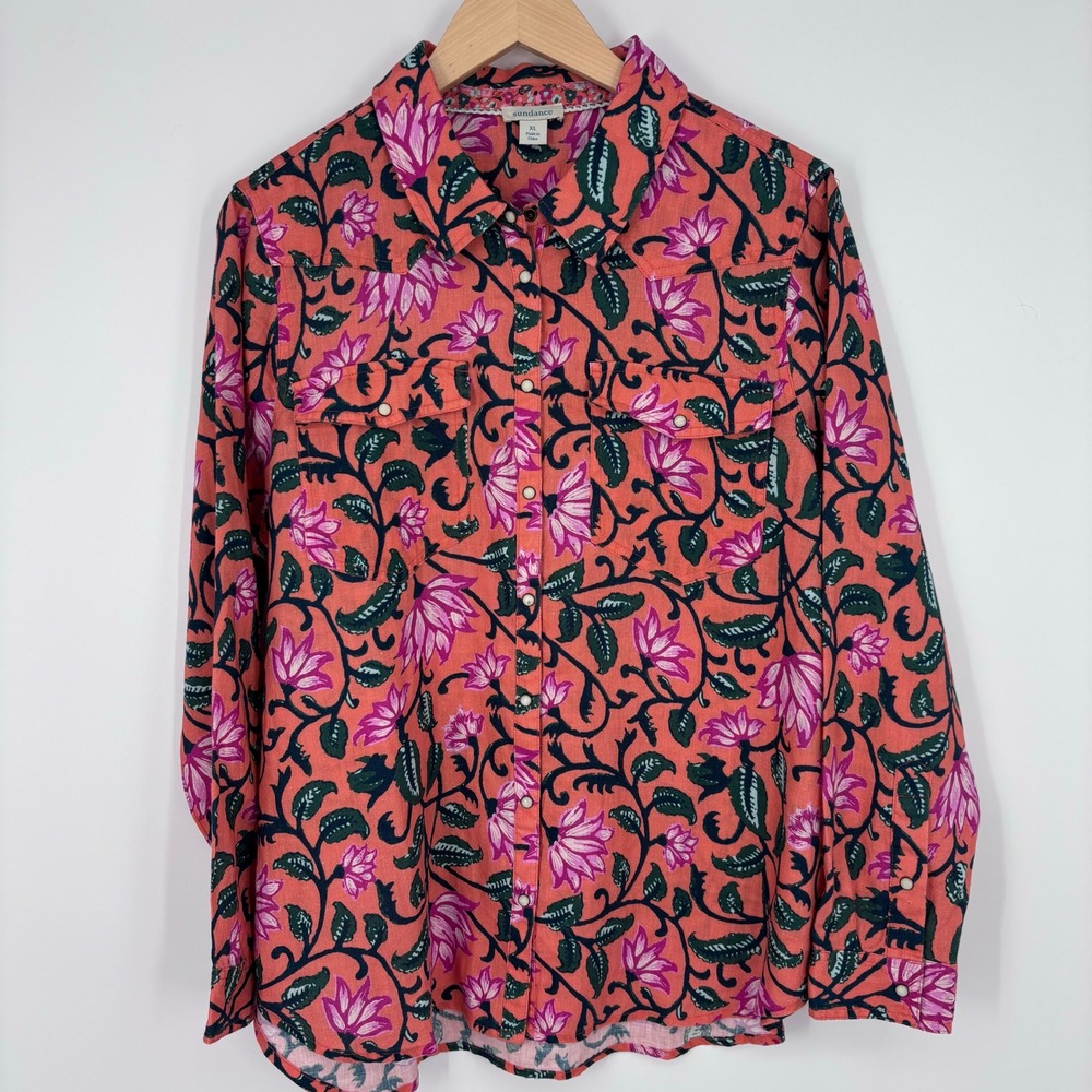 Sundance Willow 100% Linen Pearl Snap Floral Print Western Shirt Womens XL Coral